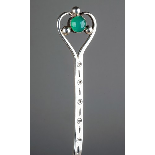 184A - A pair of Arts & Crafts silver spoons, stylised heart shaped openwork terminals with jade coloured c... 