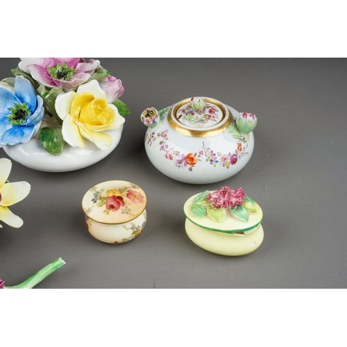 574 - A small group of floral posy ornaments and pill boxes, etc, including a Royal Worcester blush ivory ... 