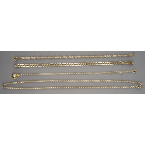 16 - Assorted 9ct gold chains, including a belcher link necklace, 45.5cm; a figaro link bracelet, 18.8cm;... 