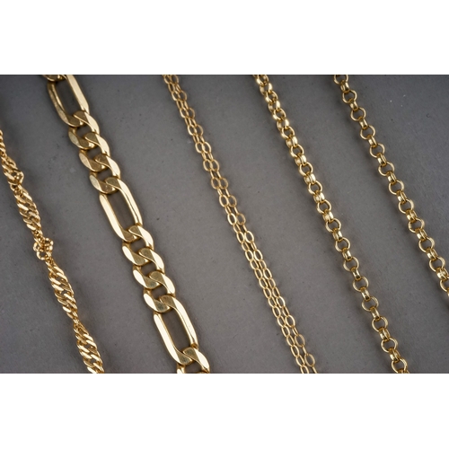 16 - Assorted 9ct gold chains, including a belcher link necklace, 45.5cm; a figaro link bracelet, 18.8cm;... 