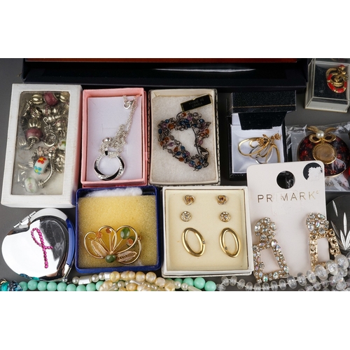 19 - Costume jewellery - beads, chains, brooches, rings, earrings, faux pearls; USA coins, etc