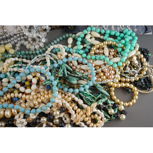 19 - Costume jewellery - beads, chains, brooches, rings, earrings, faux pearls; USA coins, etc