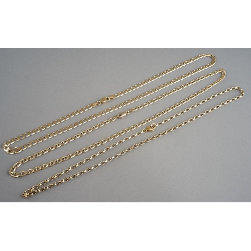 20 - Three 9ct yellow gold chains, including flat curb-link, belcher etc, total gross weight approx 27.6g