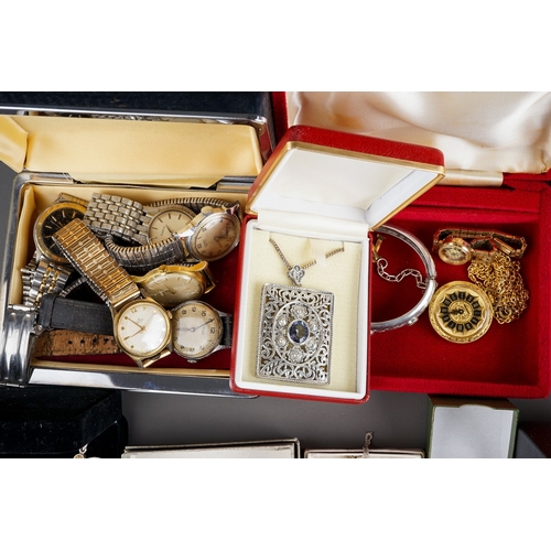 26 - Costume jewellery - including buckles, brooches, rings, moss agate, necklaces, watches, a silver cig... 