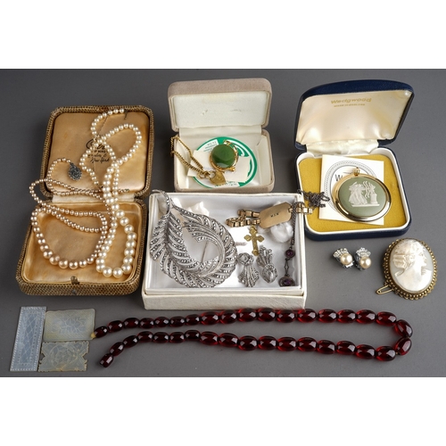 30 - Costume jewellery, including a marcasite brooch and clip-on earrings; Wedgwood Jasperware pendant in... 