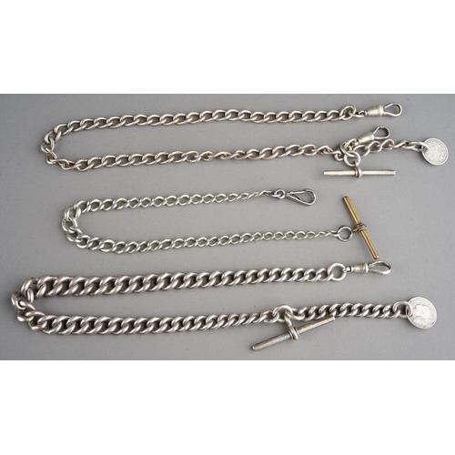 37 - A Victorian silver graduated curb-link watch chain, T-bar and Victorian 1868 three pence, approx 38c... 