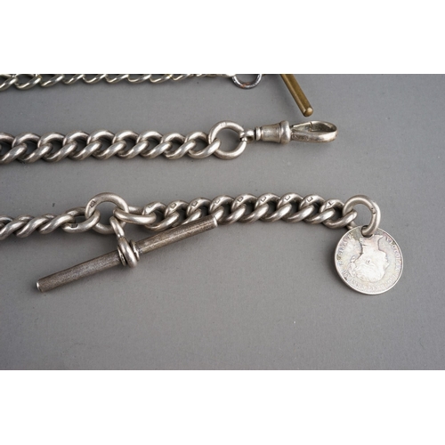 37 - A Victorian silver graduated curb-link watch chain, T-bar and Victorian 1868 three pence, approx 38c... 