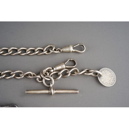 37 - A Victorian silver graduated curb-link watch chain, T-bar and Victorian 1868 three pence, approx 38c... 