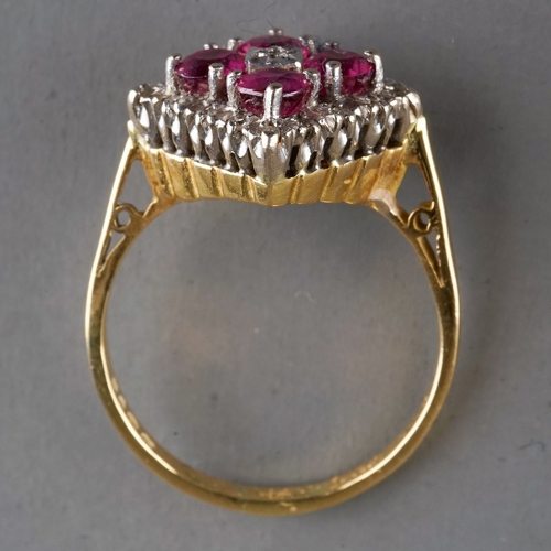 39 - An 18ct yellow gold ruby and diamond square cluster ring, set with four roun-cut rubies within a dia... 