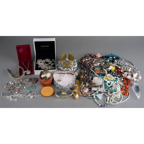 45 - Costume jewellery - gem-set silver including Mexican bracelet, earrings, etc; silver chain necklaces... 