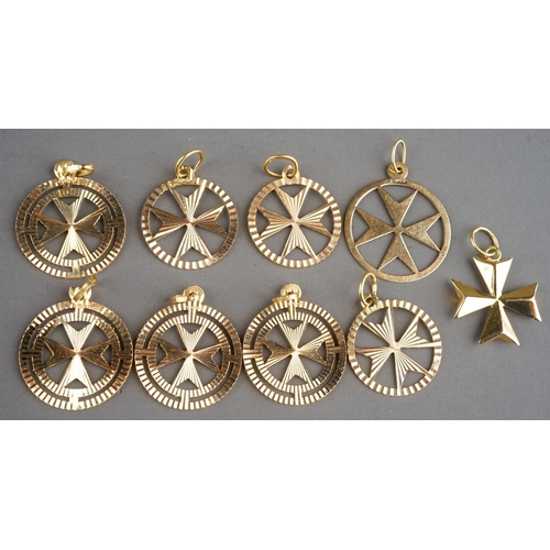 48 - A collection of yellow metal Maltese cross pendants, stamped '18', total gross weight approx 11.9g