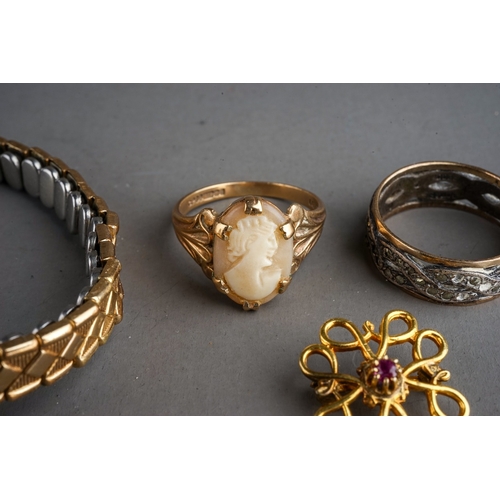 74 - 9 ct gold cameo ring together with 9 ct gold brooch and a ct gold and silver ring. Together with a 9... 