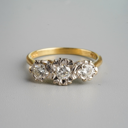 78 - 18 ct gold ring set with 3 illusion set diamonds ( gross weight 2.9g) UK size N1/2