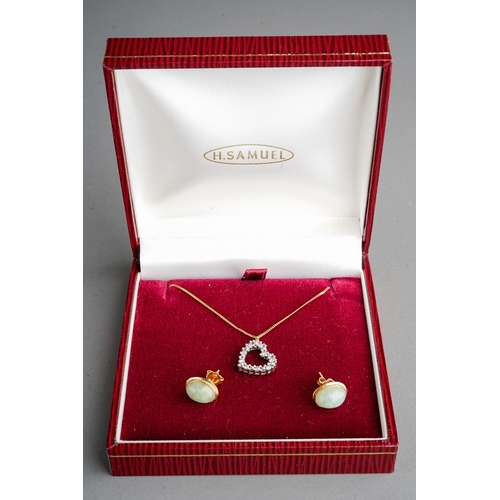 96 - 9 ct Gold apple jade stud earrings and 9 ct gold chain with a heart pendant set with white stones