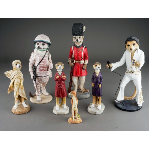 116 - Seven Country Artist`s resin Meerkat characters including Tommy, Elvy, Lawrence of Arabia etc, vario... 