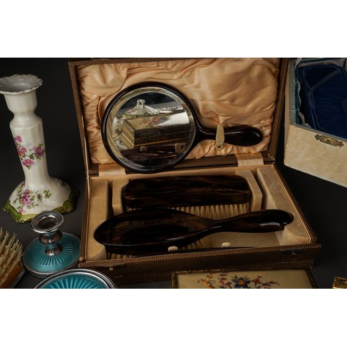 118 - Three mid 20th Century dressing table sets with trays, one set with clock, one set ceramic, together... 