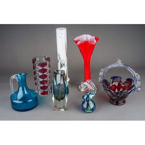 132 - Collection of glass to include Whitefriars jug, Murano vase, Yesteryears handled dish, mdina paperwe... 