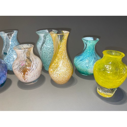 135 - A collection of Caithness glass posy vases, perfume bottle and atomiser, crackle or speckled with wh... 