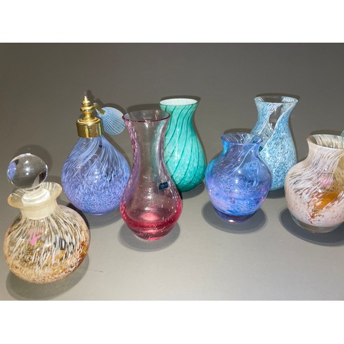 135 - A collection of Caithness glass posy vases, perfume bottle and atomiser, crackle or speckled with wh... 