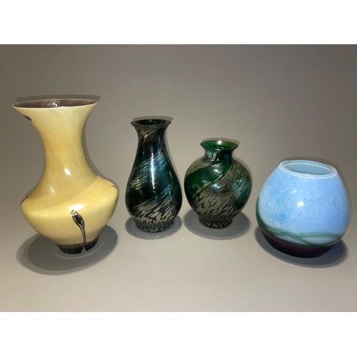 137 - Two various Caithness green and silver iridescent glass vases together with a Caithness Fungi vase a... 