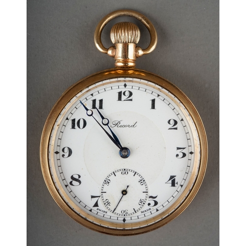 146 - A George V 9ct yellow gold open face pocket watch, 43mm white enamel dial inscrined 'Record' with Ar... 