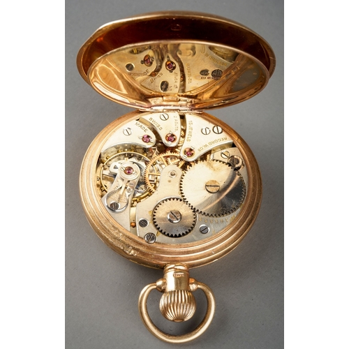 146 - A George V 9ct yellow gold open face pocket watch, 43mm white enamel dial inscrined 'Record' with Ar... 