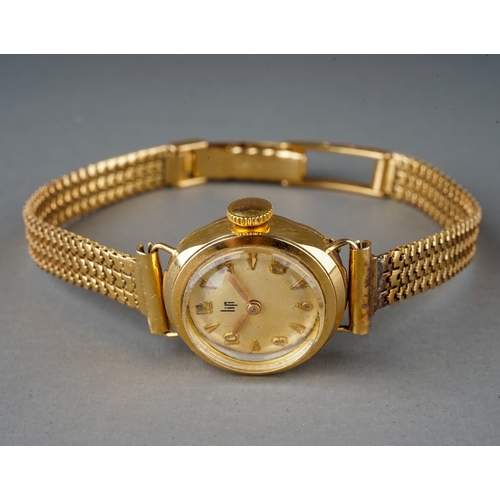 147 - A continental yellow gold ladies wristwatch, the circular dial inscribed 'Lin', gold bracelet strap ... 