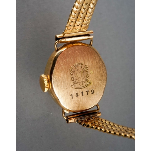 147 - A continental yellow gold ladies wristwatch, the circular dial inscribed 'Lin', gold bracelet strap ... 