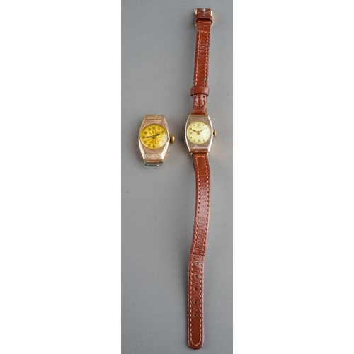 151 - A ladies 9ct gold case Otis wristwatch, brown leather strap; and another 9ct gold cased watch (no st... 