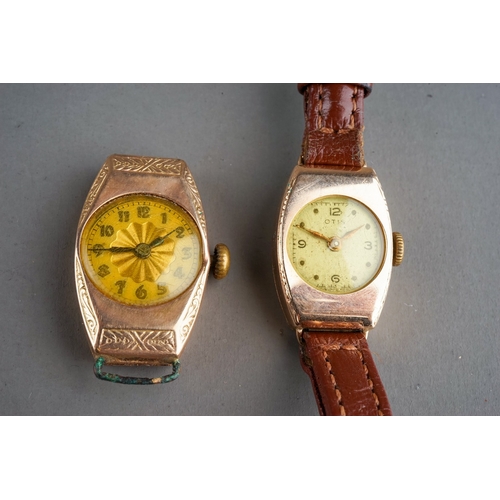 151 - A ladies 9ct gold case Otis wristwatch, brown leather strap; and another 9ct gold cased watch (no st... 