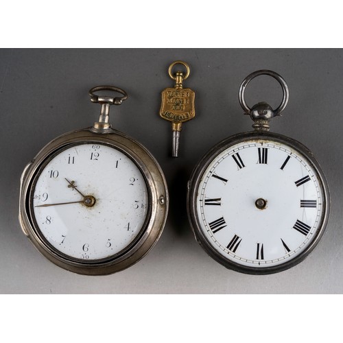 155 - A George III silver pair cased openface pocket watch, 40mm white enamel dial with Roman numerals, mo... 