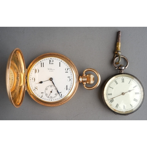 156 - American Watham full hunter pocket watch together with small silver fob watch and key (2)