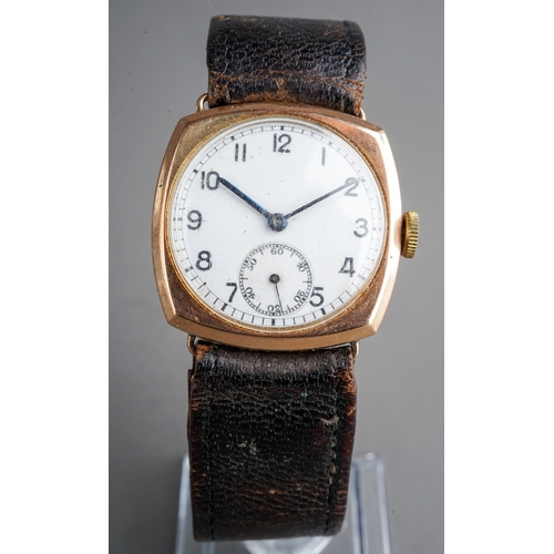 158 - 9ct Gold Men's Wrist Watch, movement marked SWAN, leather strap