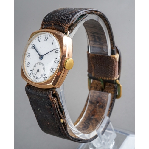 158 - 9ct Gold Men's Wrist Watch, movement marked SWAN, leather strap