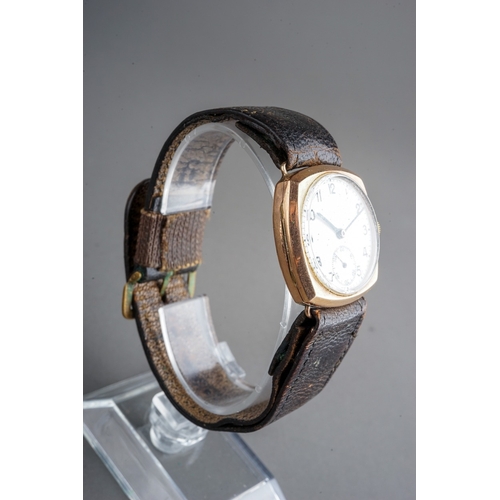 158 - 9ct Gold Men's Wrist Watch, movement marked SWAN, leather strap