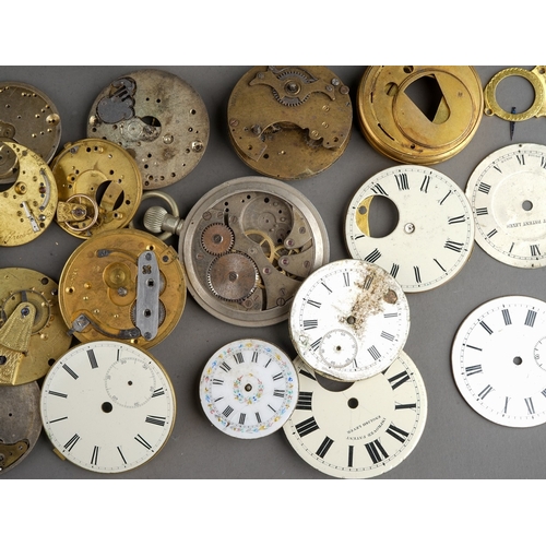 164 - Collection of pocket watch parts to include cases, faces, glass and movements (1 box)