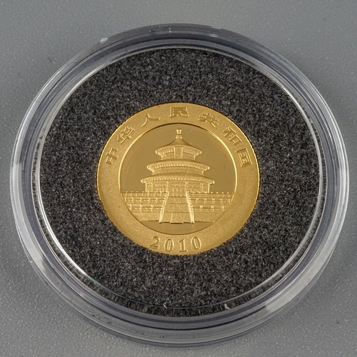 180 - A 2010 1/20 ounce gold coin, featuring Pandas and a Temple