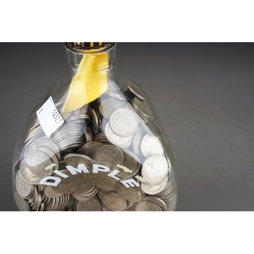 185 - A Dimple whisky bottle containing a large quantity of six pence pieces, approximately 1150 according... 