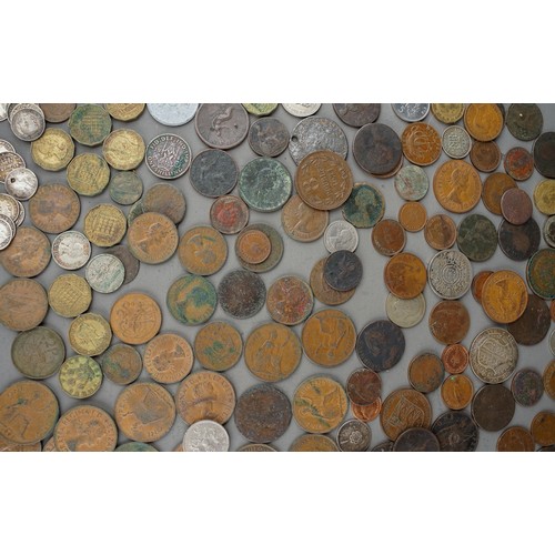 187 - Large collection of coins to include foreign and English coinage, 13 three pence's etc and some silv... 