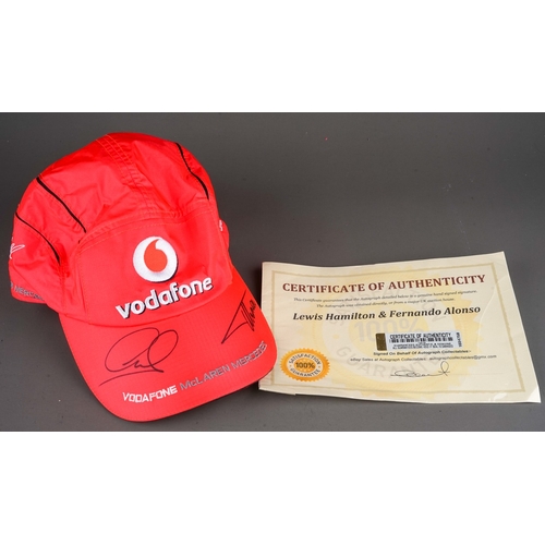 220 - Lewis Hamilton & Fernando Alonso signed red Vodafone McLaren Mercedes cap with certificate of authen... 