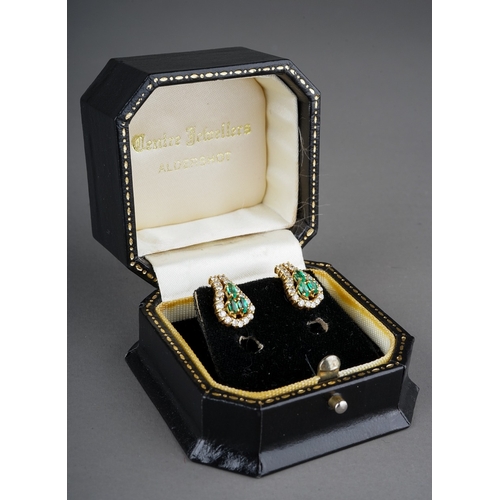 227 - A pair of 18k yellow gold diamond and emerald earrings, each set with three marquise-cut emeralds wi... 