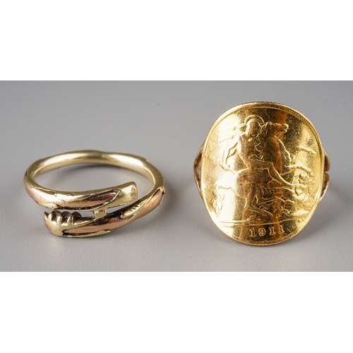 229 - A yellow gold ring, set with a 1911 half sovereign mounted on an unmarked yellow gold shank, size N1... 