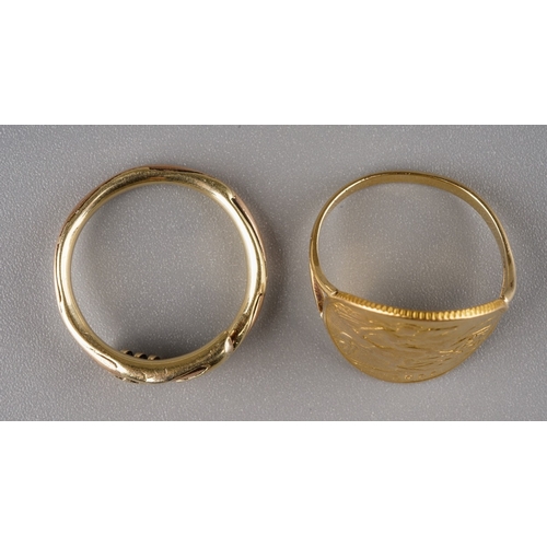 229 - A yellow gold ring, set with a 1911 half sovereign mounted on an unmarked yellow gold shank, size N1... 