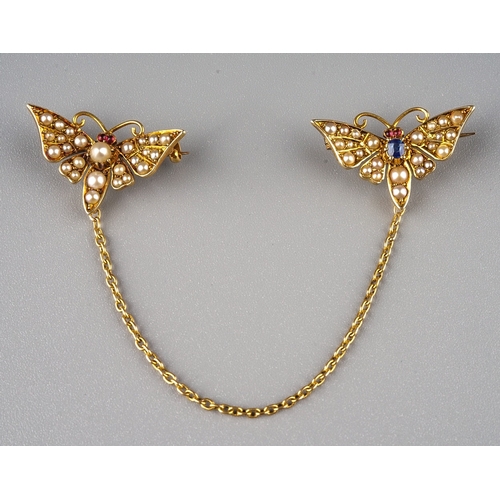 231 - A pair of Victorian yellow gold pearl and gem-set lapel/dress brooches, modelled as butterflies, set... 