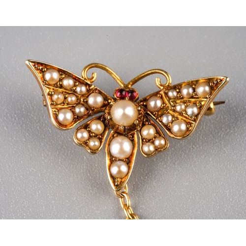 231 - A pair of Victorian yellow gold pearl and gem-set lapel/dress brooches, modelled as butterflies, set... 