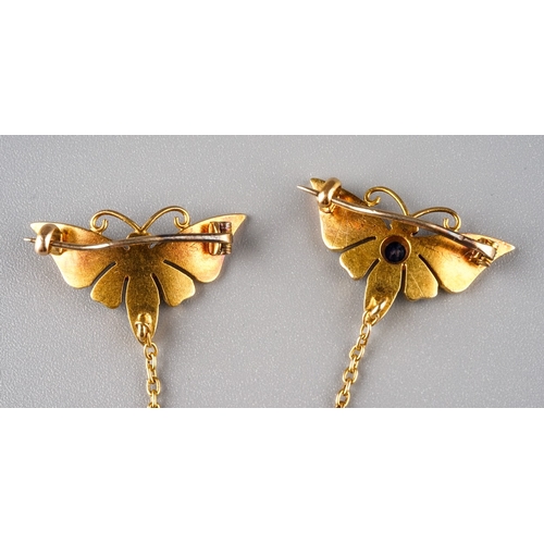 231 - A pair of Victorian yellow gold pearl and gem-set lapel/dress brooches, modelled as butterflies, set... 