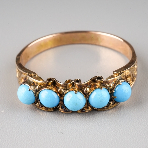 234 - A Victorian yellow gold and turquoise five-stone ring, size L, unmarked assessed as approx 9ct, gros... 