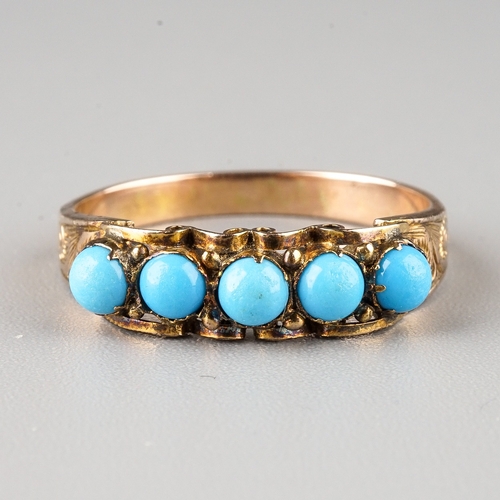 234 - A Victorian yellow gold and turquoise five-stone ring, size L, unmarked assessed as approx 9ct, gros... 