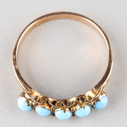 234 - A Victorian yellow gold and turquoise five-stone ring, size L, unmarked assessed as approx 9ct, gros... 