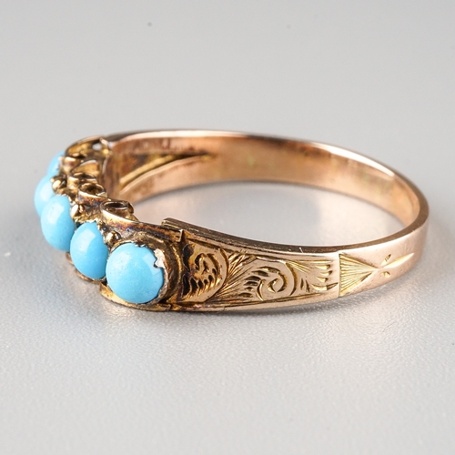 234 - A Victorian yellow gold and turquoise five-stone ring, size L, unmarked assessed as approx 9ct, gros... 